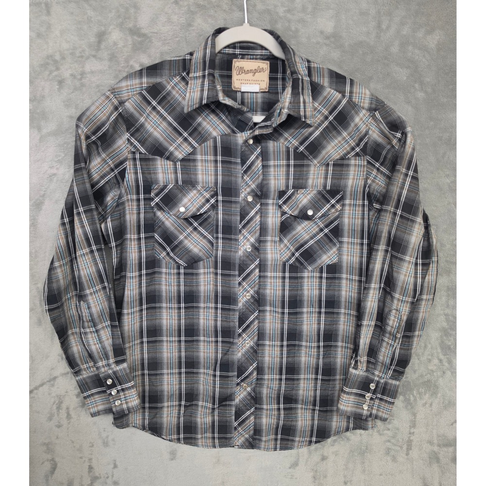 Wrangler Western Fashion Pearl Snap Plaid Shirt Brown Blue Mens Medium